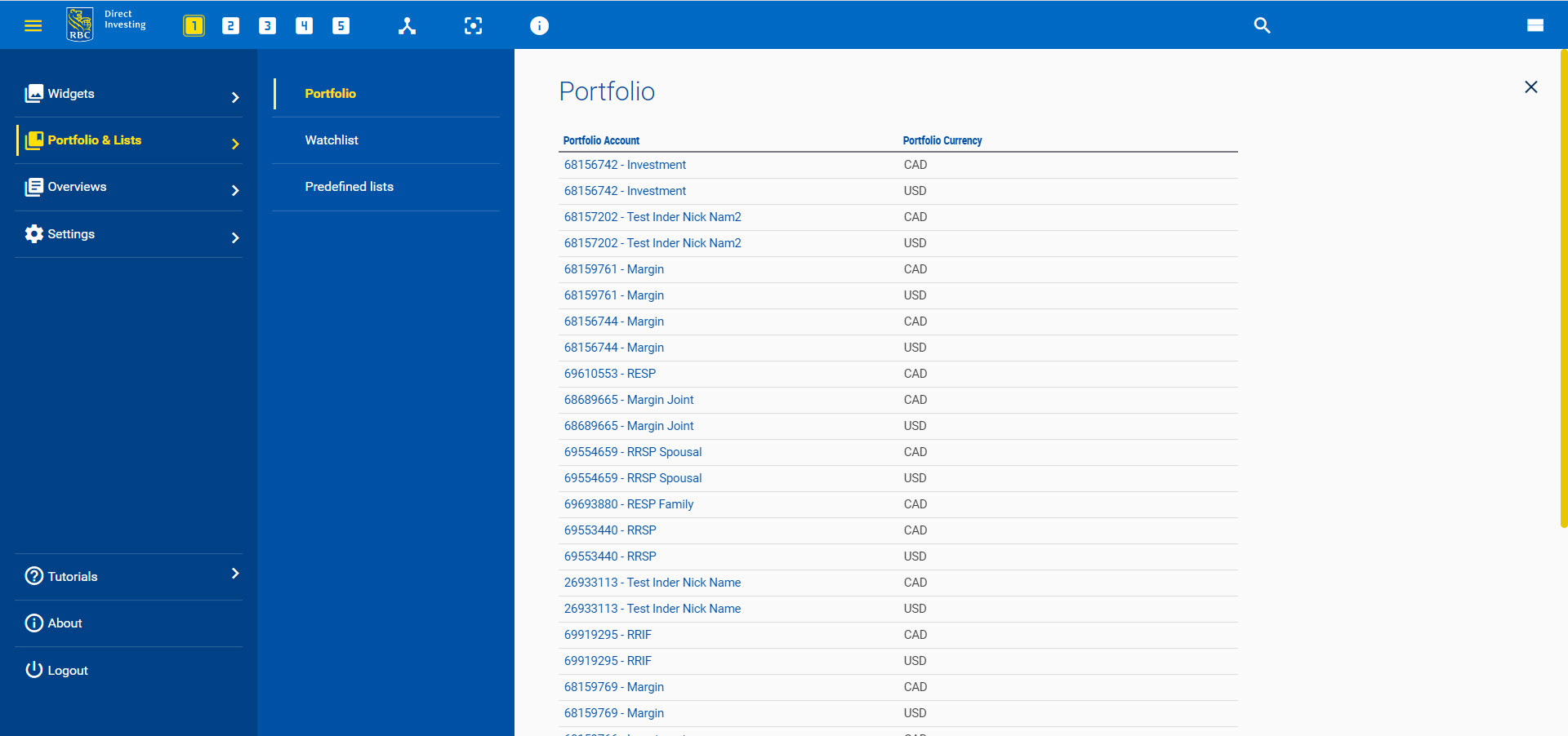Screenshot showing list of portfolios.